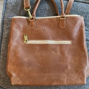Zip Top Shopper Crossbody Bag in Oiled Caramel Leather - EUC